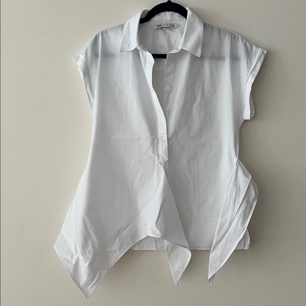 Zara White Asymmetrical Button-Down Shirt